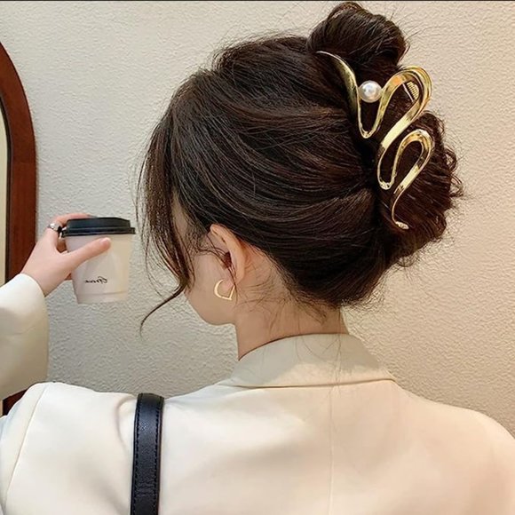 Finer Accessories - 2 Silver & Gold Metal Pearl Hair Claw Clips